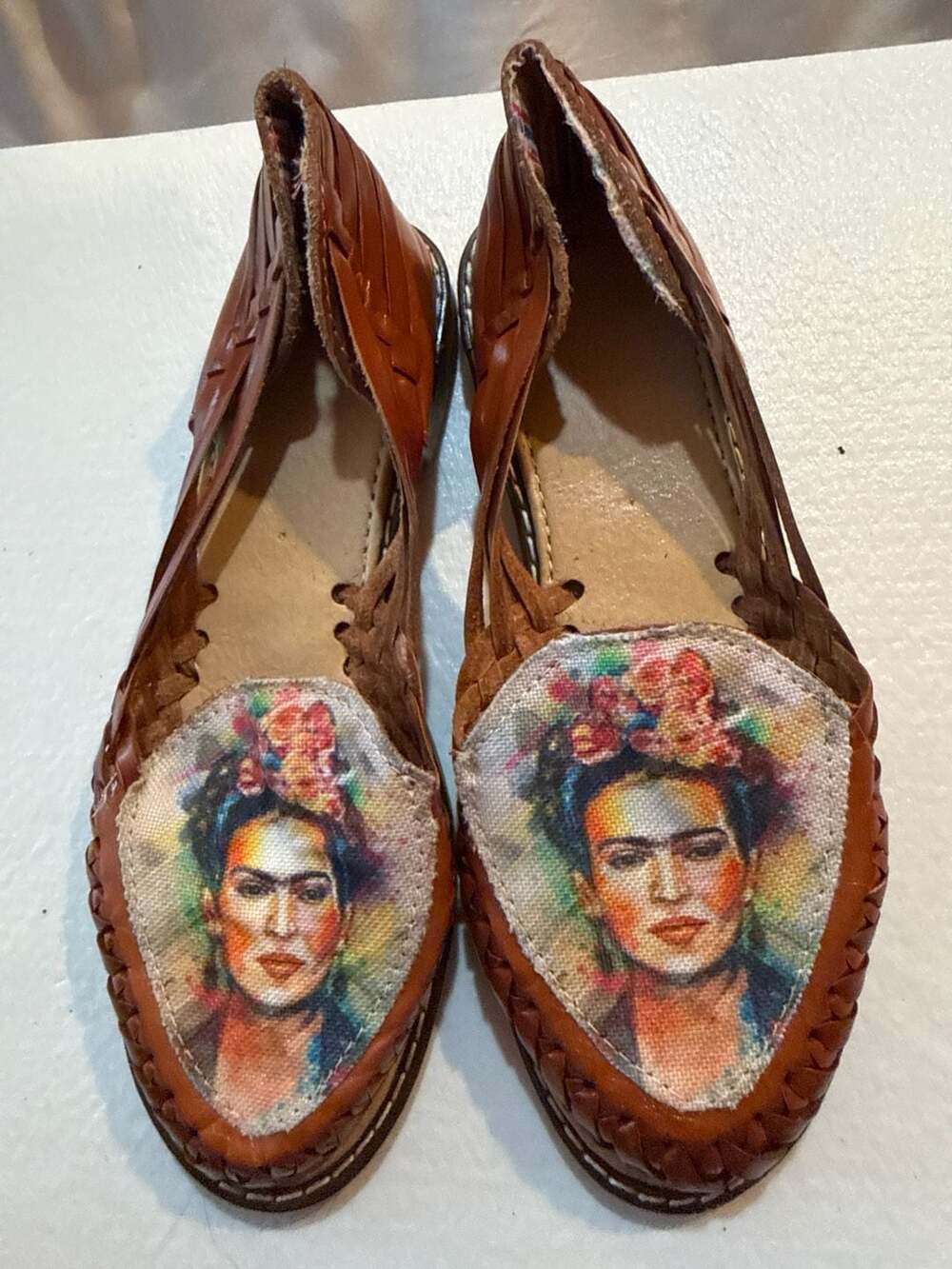 Frida Kahlo Leather Huarache Flats Sz 3 Handmade Mexican Woven Brown Shoes